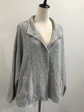 EILEEN FISHER Gray White 100% Organic Linen Hidden Snap Button Jacket